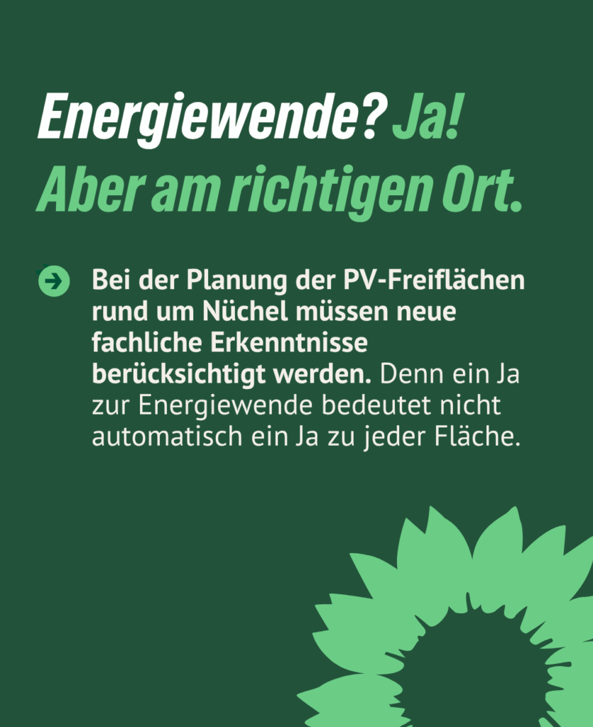 Grüne Informationsgrafik mit der Überschrift „Energiewende? Ja! Aber am richtigen Ort.“ und einem Hinweis zur Planung von PV-Freiflächen rund um Malente Ortsteil Nüchel.