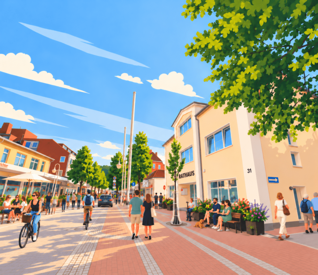 Illustration einer belebten Bahnhofstraße in Malente mit Rathaus, Fußgänger*innen, Radfahrenden, einem Auto und Sitzgelegenheiten.