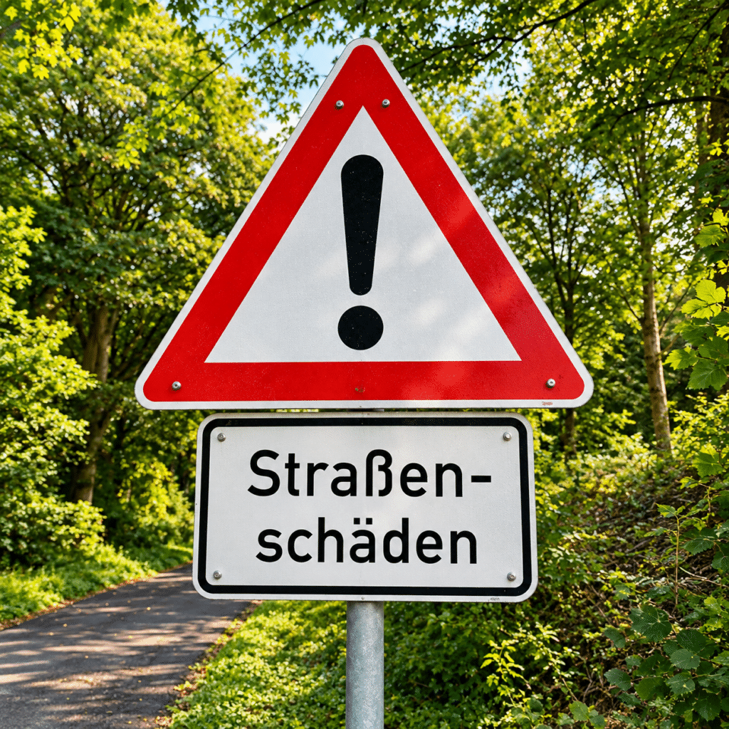 Warnschild mit Ausrufezeichen und Zusatzschild „Straßenschäden“ an einem begrünten Straßenrand in Malente.