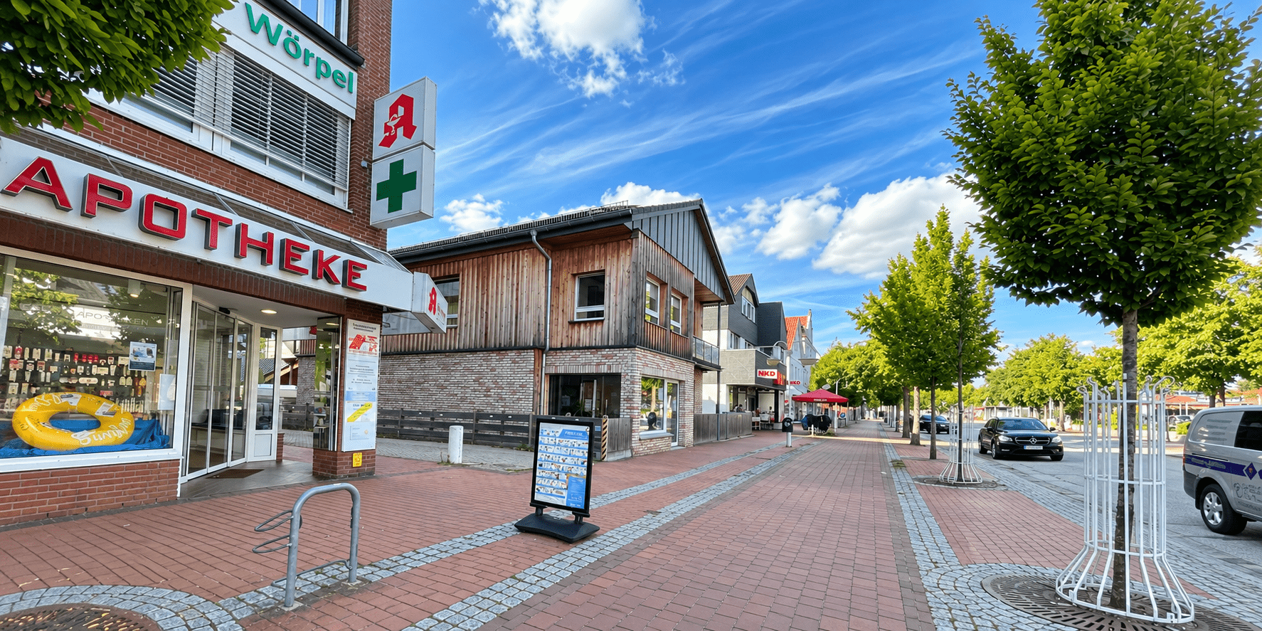 Blick entlang der Bahnhofstraße in Malente mit Apotheke, Geschäften, Bäumen, Gehweg und Autos auf der Straße.